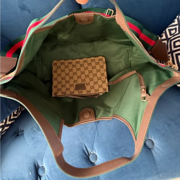 Gucci Tan Monogram Tote with Red and Green Stripe - Picture 3 of 4